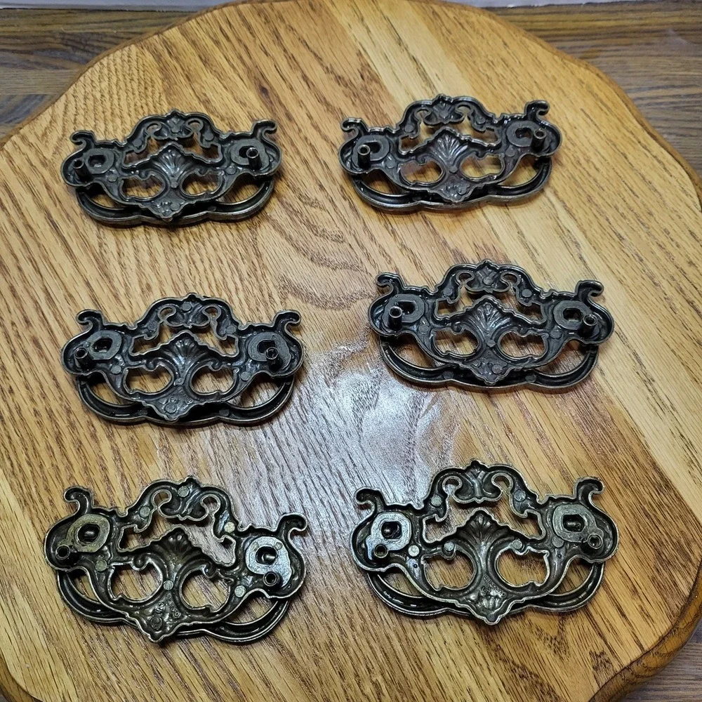 VTG Chunky Large Brass Tone Drop Bail Cabinet Drawer Pulls Handles Lot Set of 6